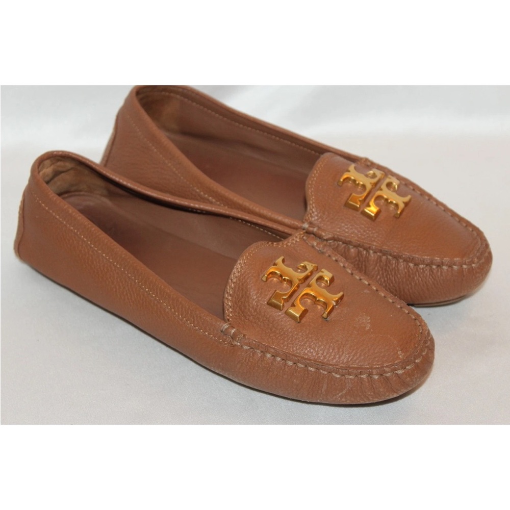 Tory Burch Lowell 2 Tan Leather Logo Driver Loafers Flats